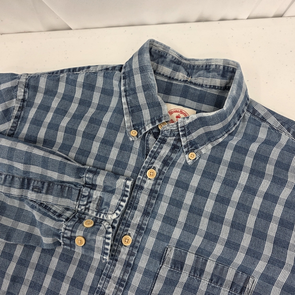 Brooks Brothers Red Fleece 1818 Blue Plaid Shirt Denim Look Mens Size Med Cotton